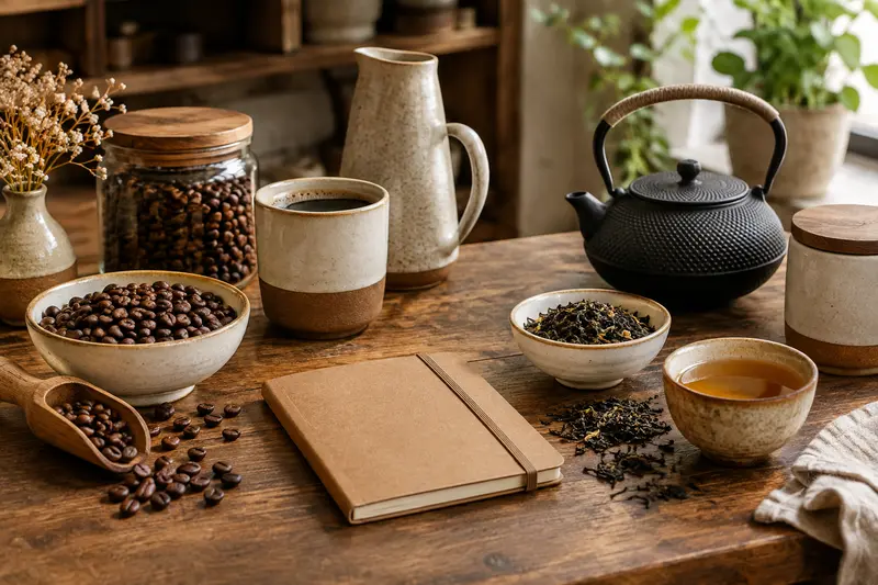 Détails de café, de thé et d’accessoires réunis dans une composition éditoriale sobre.