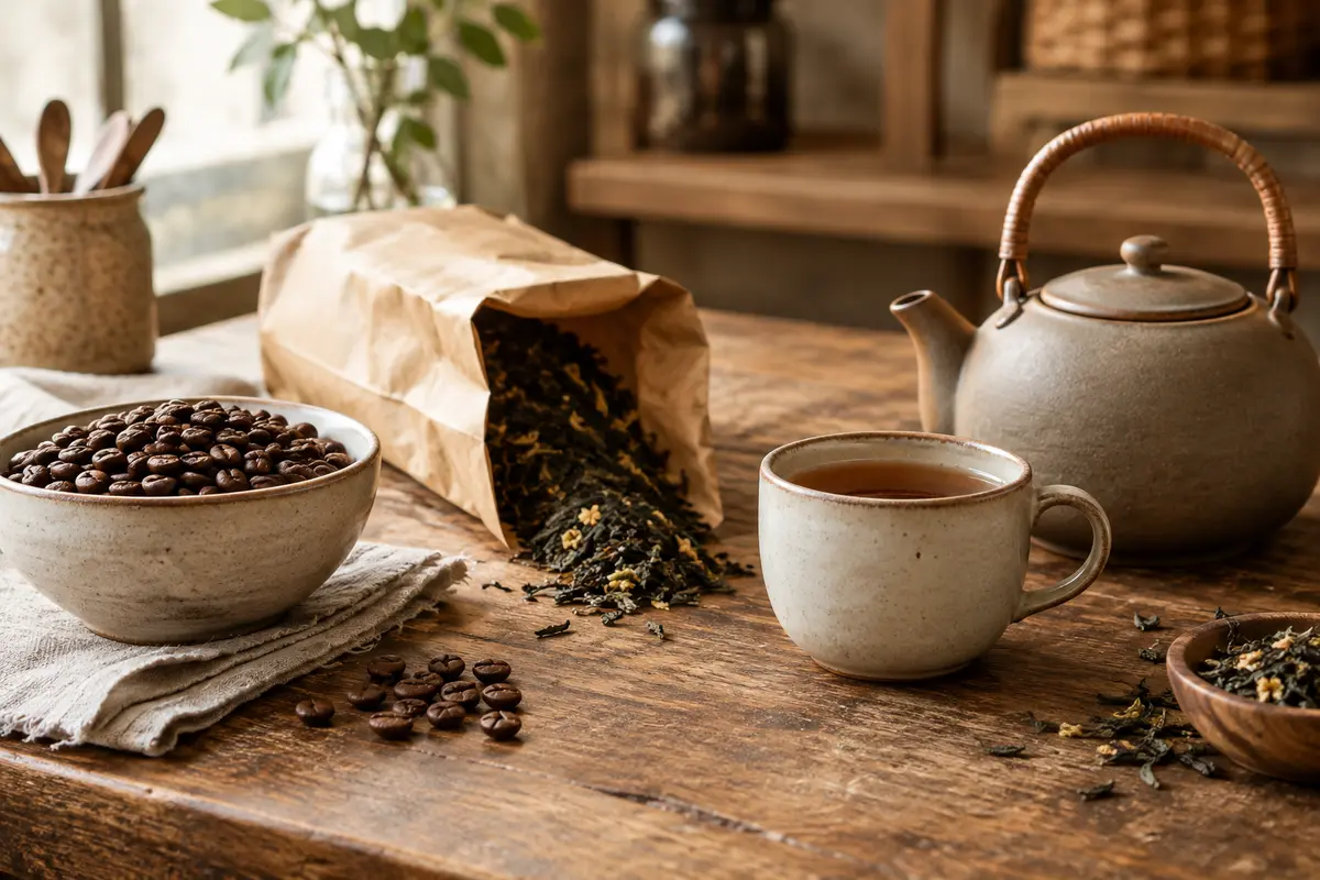 Café en grains, feuilles de thé et accessoires de préparation réunis sur un comptoir artisanal.